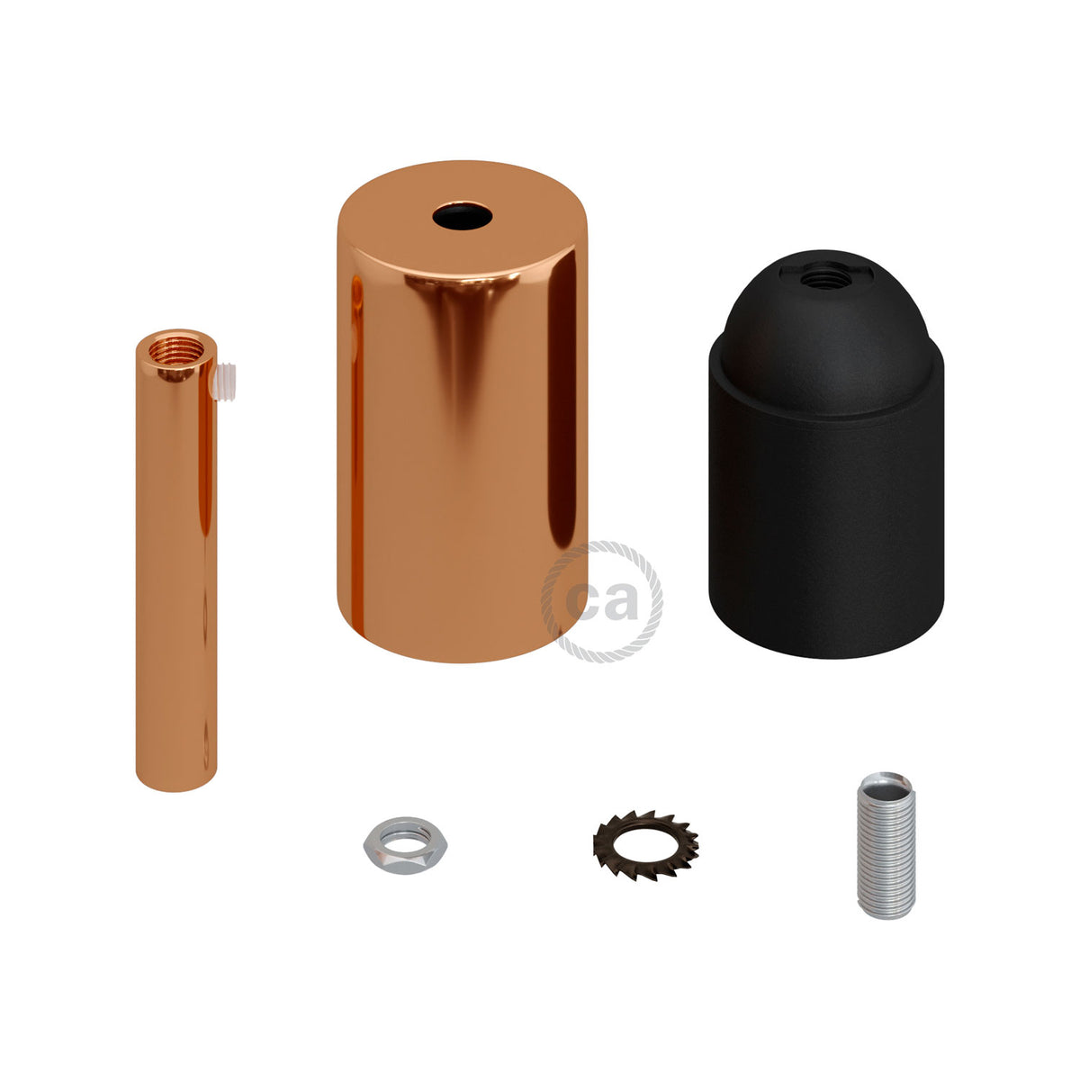 Kit portalampada E27 cilindrico in metallo con serracavo da 7 cm - Rame