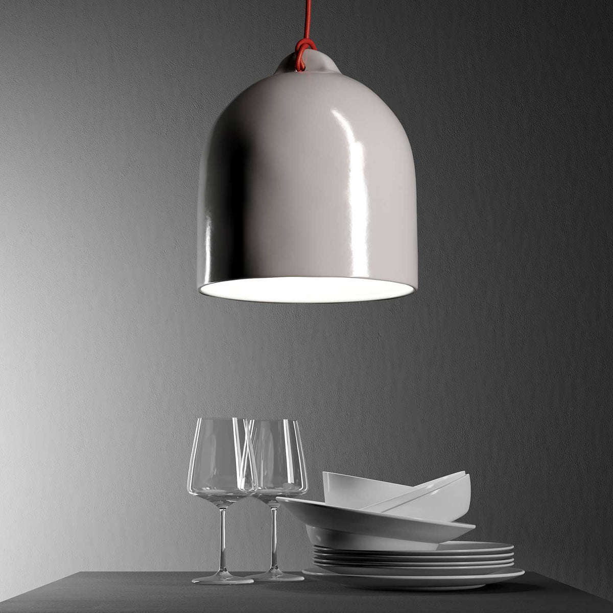 Campana, paralume M in ceramica per sospensione - Made in Italy - Bianco lucido