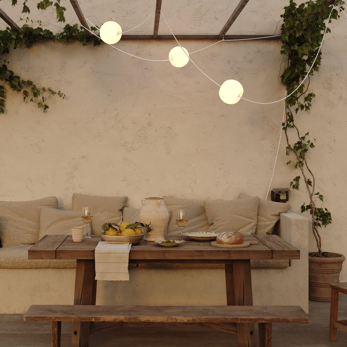 Catena luminosa 3 punti luce da esterno IP67 Bianco Sabbia - Marina3 Cherry 140 cm