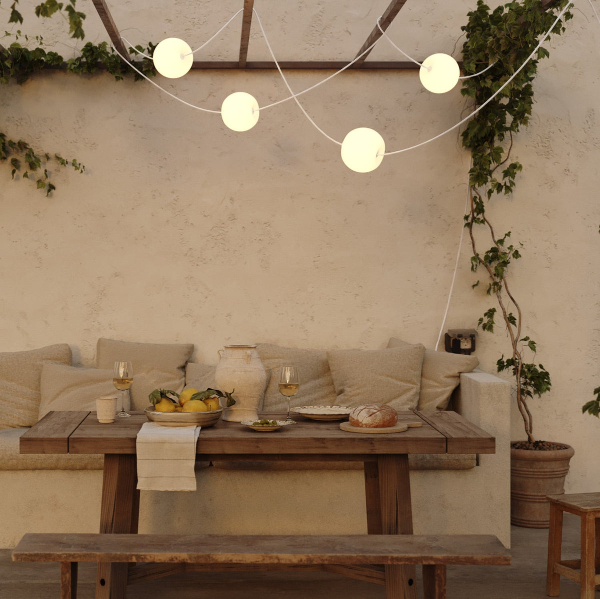 Catena luminosa 4 punti luce da esterno IP67 Bianco Sabbia - Marina4 Cherry 140 cm
