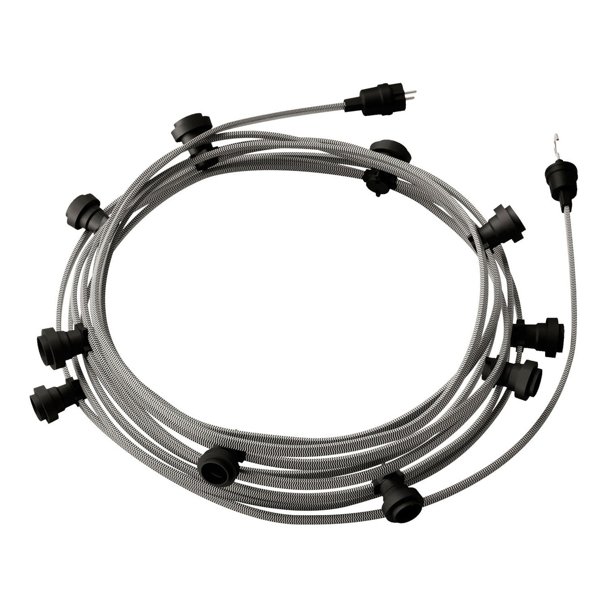 Catenaria Sistema Lumet da 12,5 m con cavo tessile CZ04, 10 portalampada, gancio e spina neri