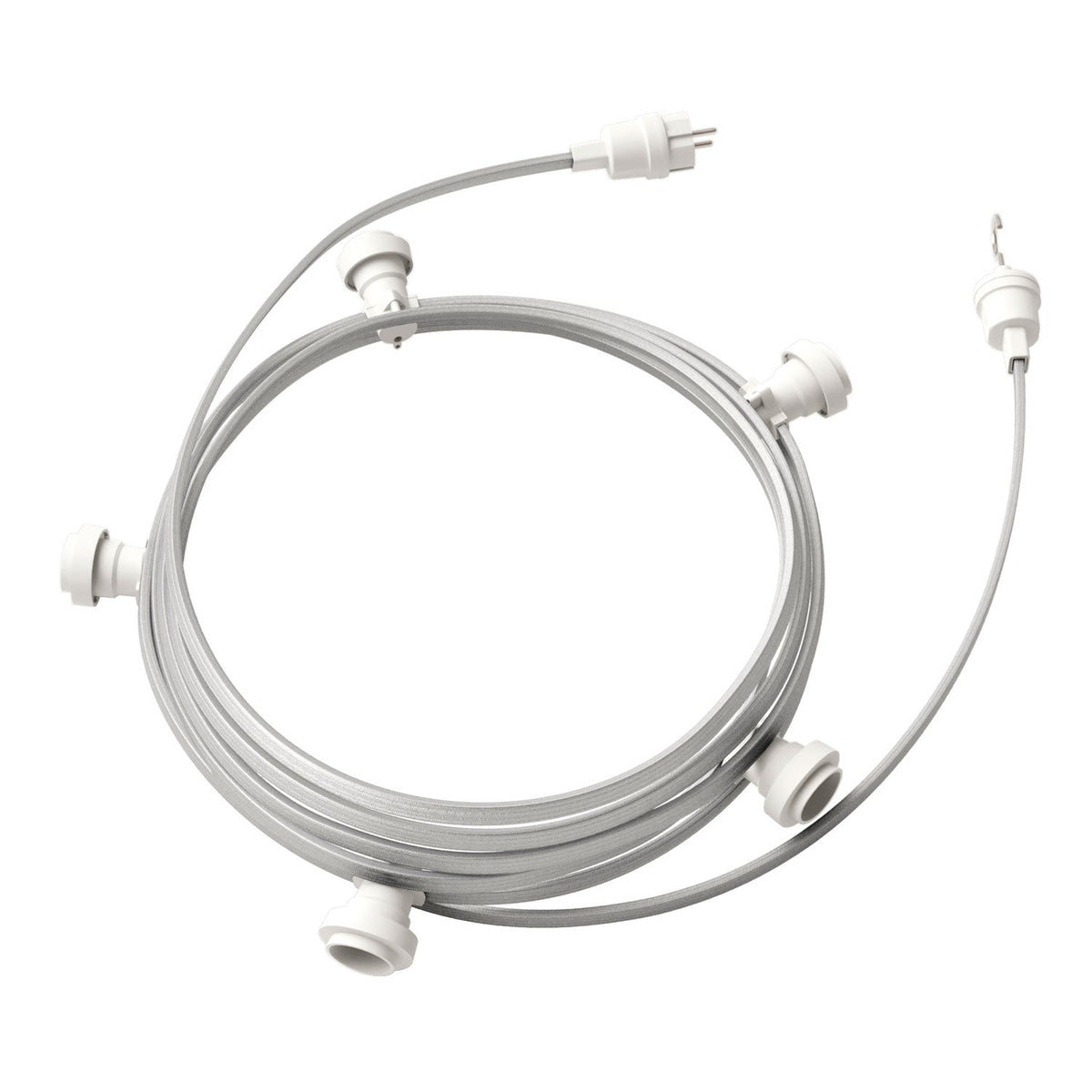 Catenaria Sistema Lumet da 7,5 m con cavo tessile CM02, 5 portalampada, gancio e spina bianchi