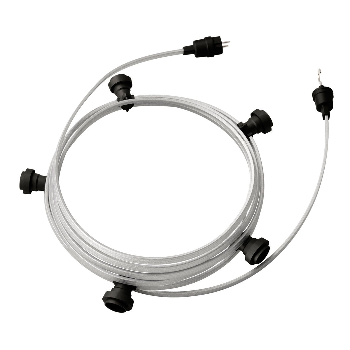 Catenaria Sistema Lumet da 7,5 m con cavo tessile CM02, 5 portalampada, gancio e spina neri