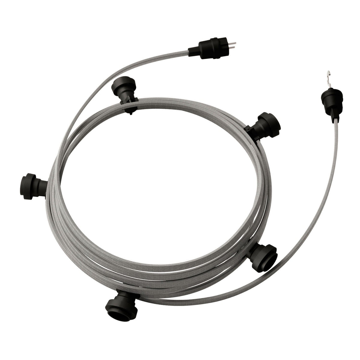 Catenaria Sistema Lumet da 7,5 m con cavo tessile CZ04, 5 portalampada, gancio e spina neri