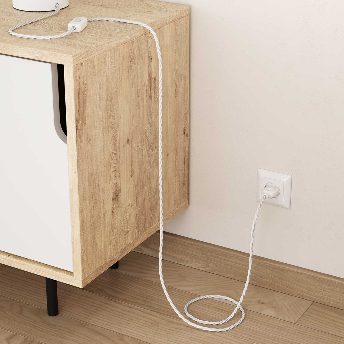Cavo elettrico in tessuto trecciato lucido Bianco Ottico - L'Originale Creative Cables, per impianti a vista di design - TM01