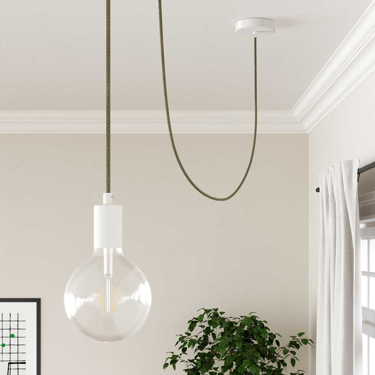Cavo elettrico in tessuto Verde Timo e Beige Losanga - L'Originale Creative Cables, per decorazioni luminose uniche - RD62
