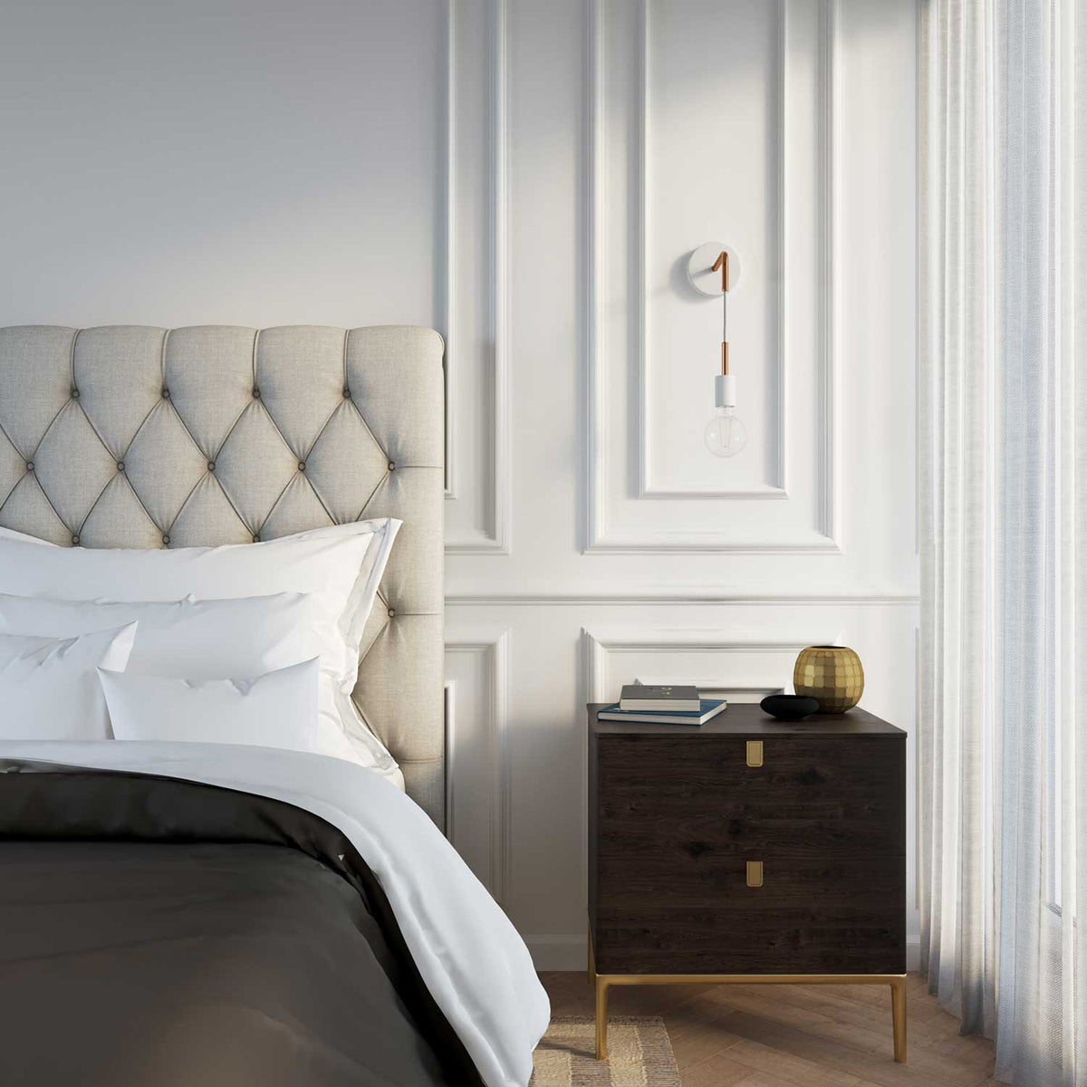 Fermaluce Metal, lampada a muro con estensione curva, cavo tessile e finiture in metallo - Rame