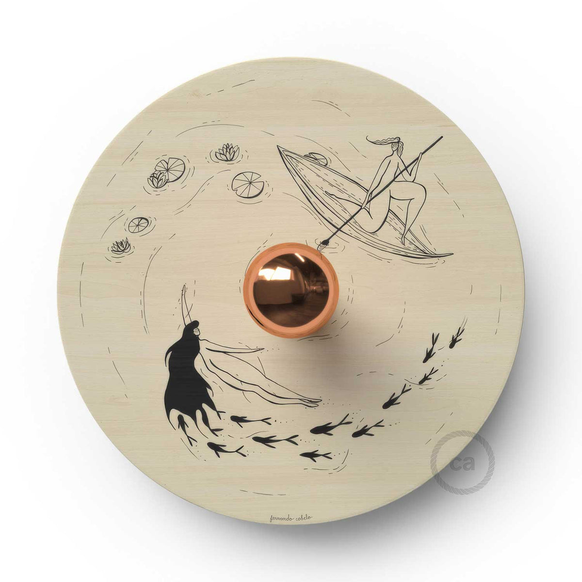 Fermaluce Romantic con paralume UFO in legno double-face illustrato da Fernando Cobelo
