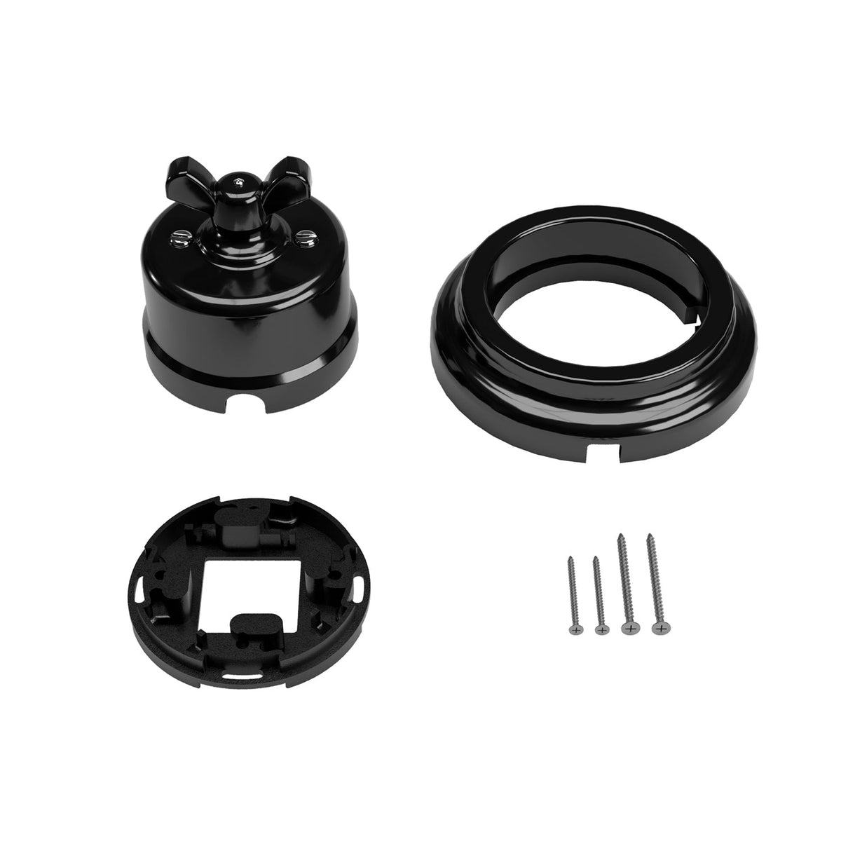 Kit interruttore/deviatore con dado a farfalla e base in porcellana nera Nero