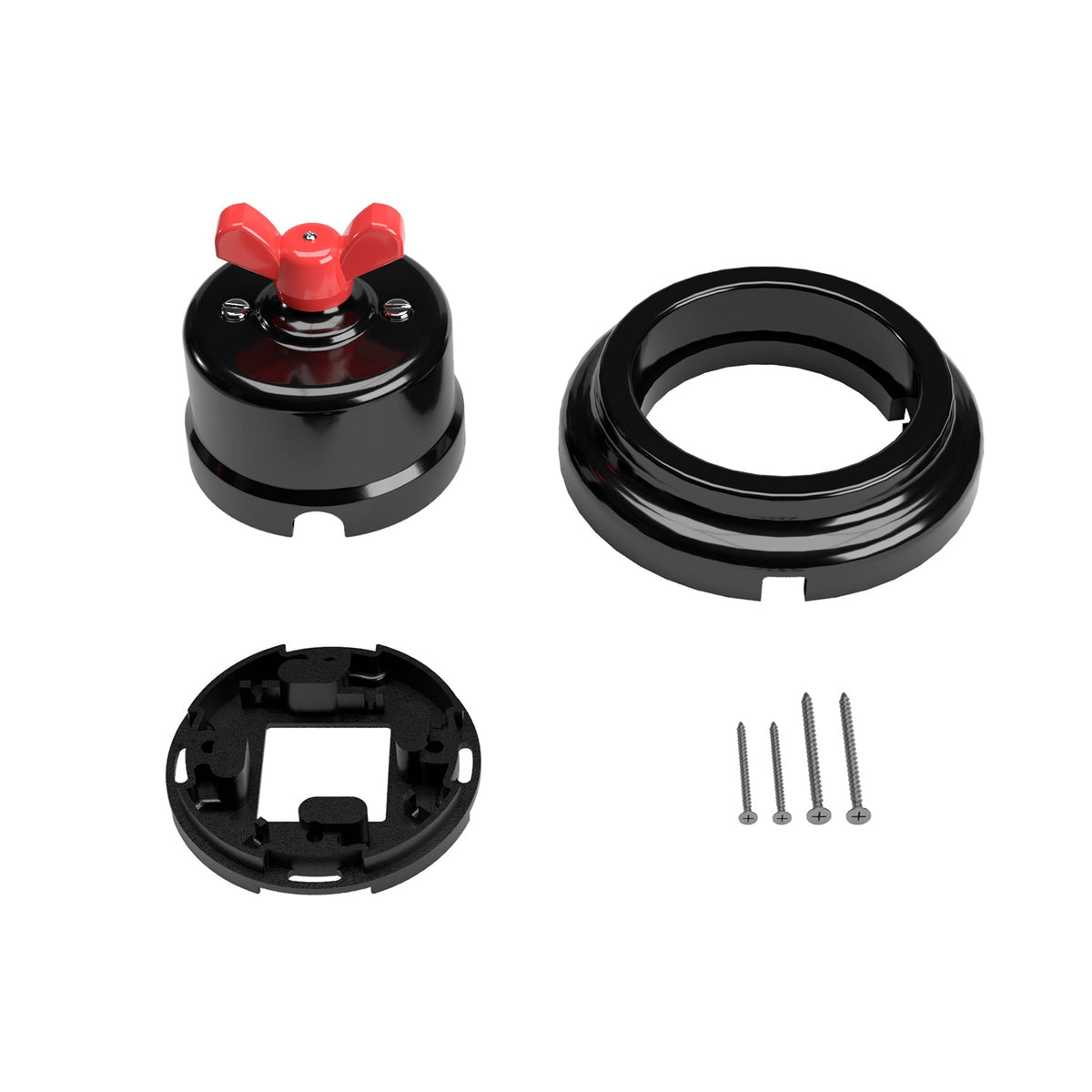 Kit interruttore/deviatore con dado a farfalla e base in porcellana nera Rosso