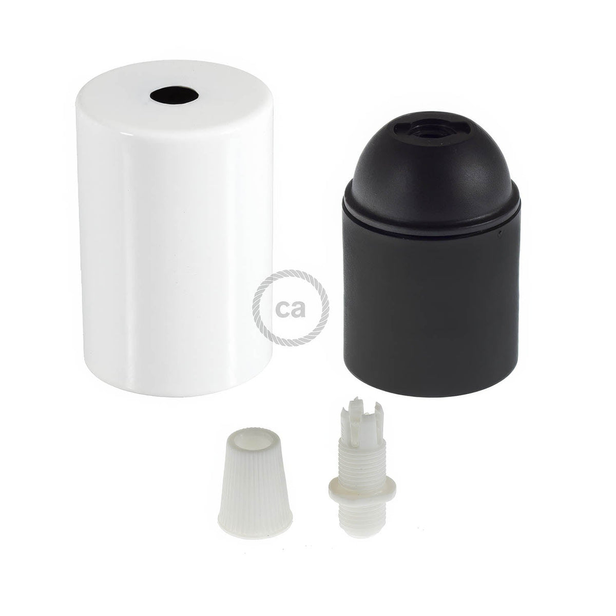 Kit portalampada E27 cilindrico in metallo - Bianco lucido Conico
