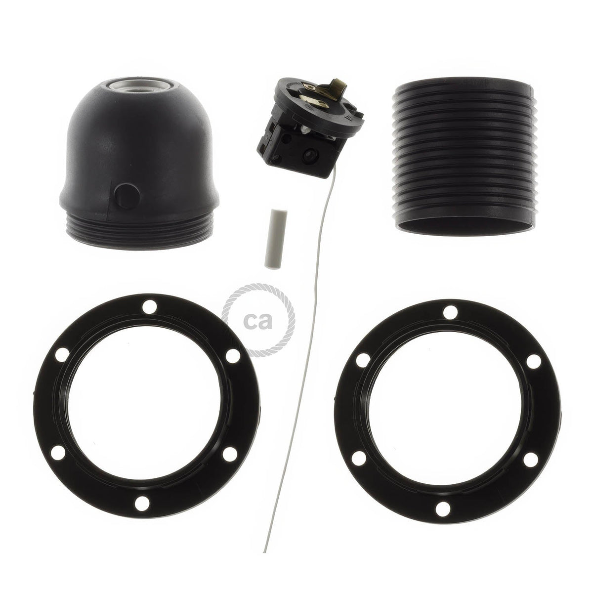 Kit portalampada E27 in termoplastica con doppia ghiera per paralume e interruttore a tirante - Nero