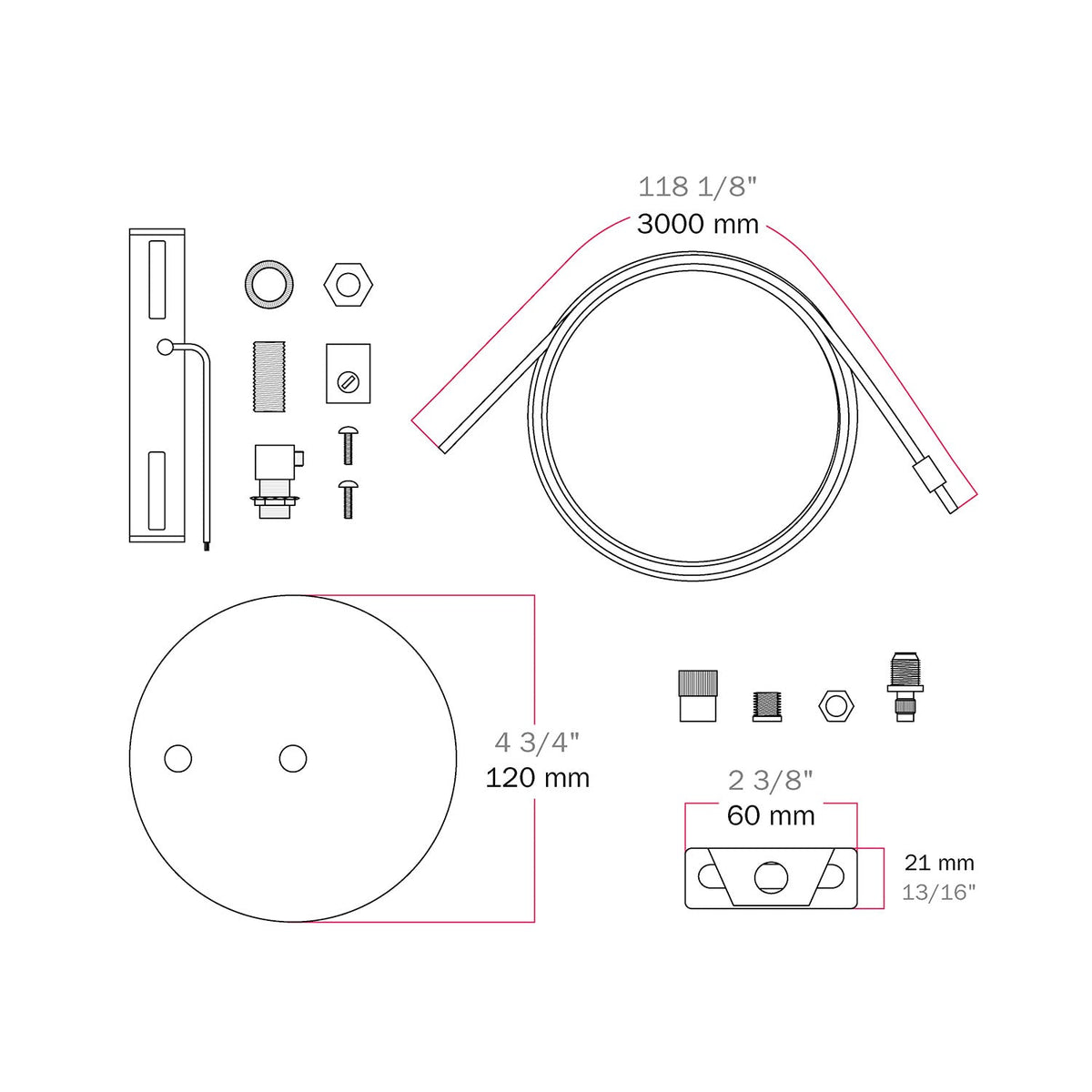 Kit Rosone Ø 120 mm con sospensione in acciaio e bilanciatore millimetrico - Bianco Opaco