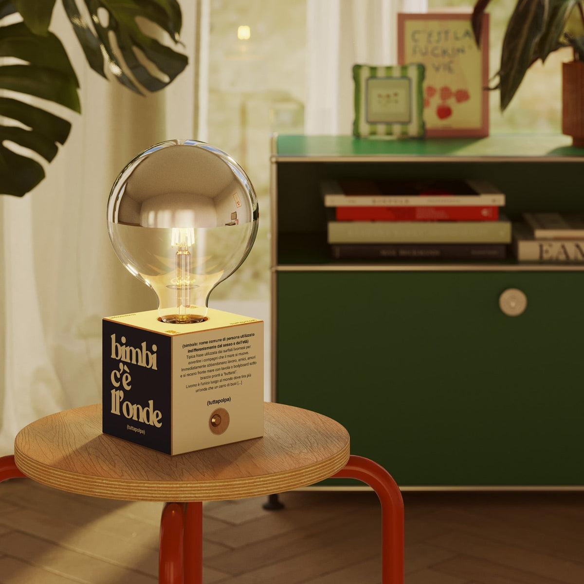 Lampada a batteria Cabless03 "Bimbi c’è l’onde" con lampadina globo mezza sfera argento - Tuttapolpa