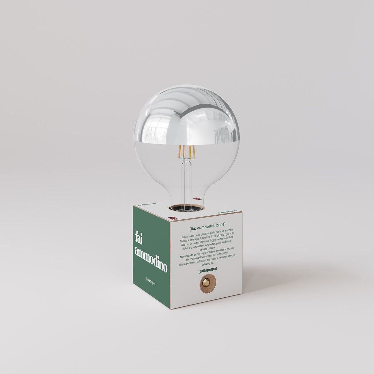 Lampada a batteria Cabless03 "Fai ammodino" con lampadina globo mezza sfera argento - Tuttapolpa