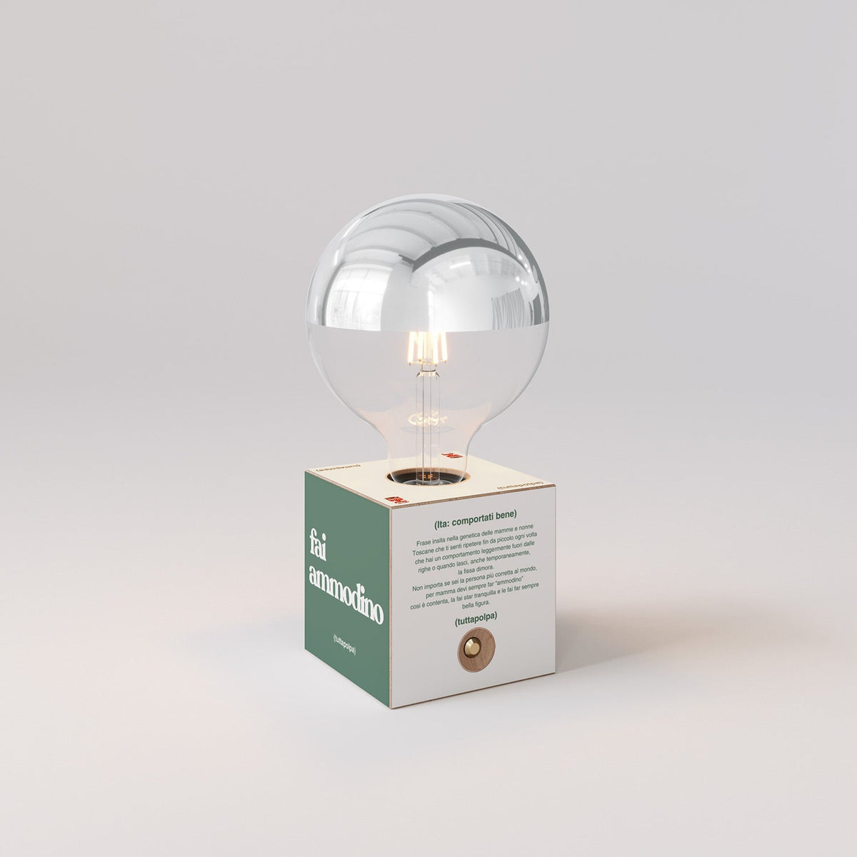 Lampada a batteria Cabless03 "Fai ammodino" con lampadina globo mezza sfera argento - Tuttapolpa
