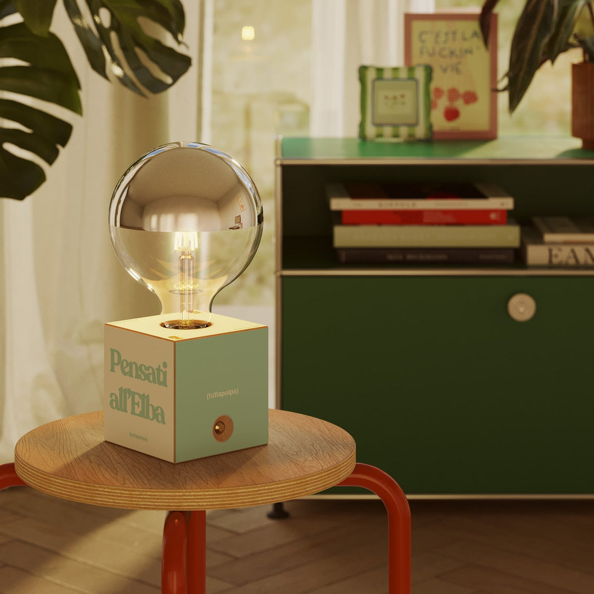 Lampada a batteria Cabless03 "Pensati all’Elba" con lampadina globo mezza sfera argento - Tuttapolpa