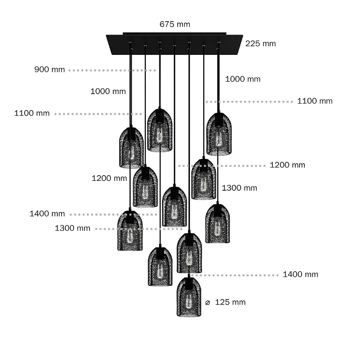 Lampada a sospensione a 11 cadute con XXL Rose-One rettangolare 675 mm con paralume in metallo Ghostbell - Bianco opaco