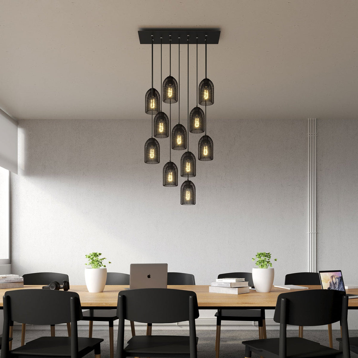 Lampada a sospensione a 11 cadute con XXL Rose-One rettangolare 675 mm con paralume in metallo Ghostbell - Nero opaco