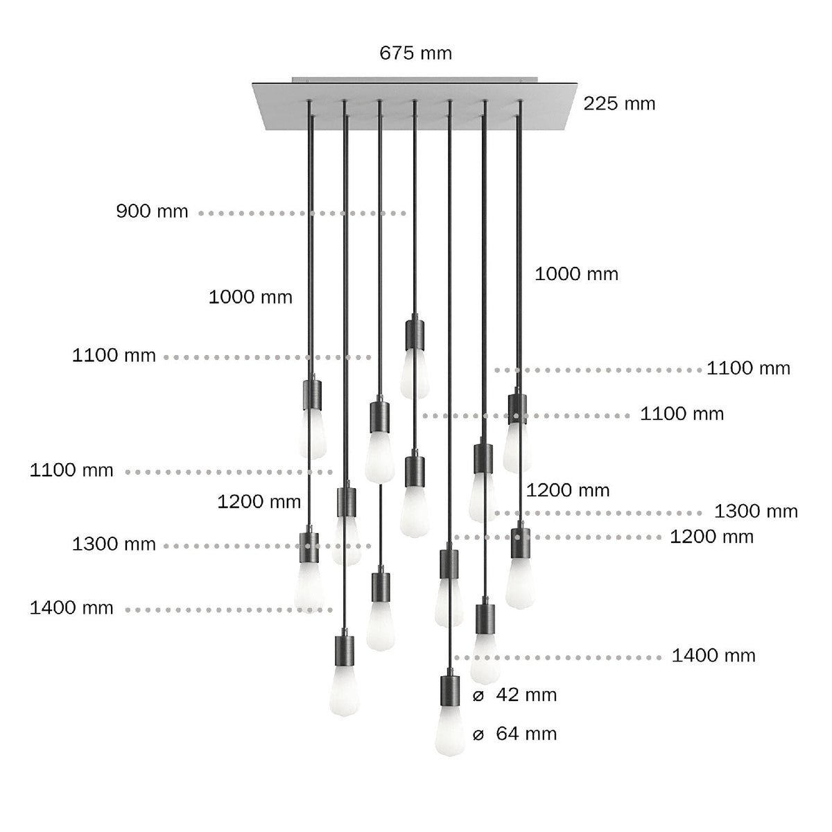 Lampada a sospensione a 14 cadute con XXL Rose-One rettangolare 675 mm con finiture in metallo - Nero opaco