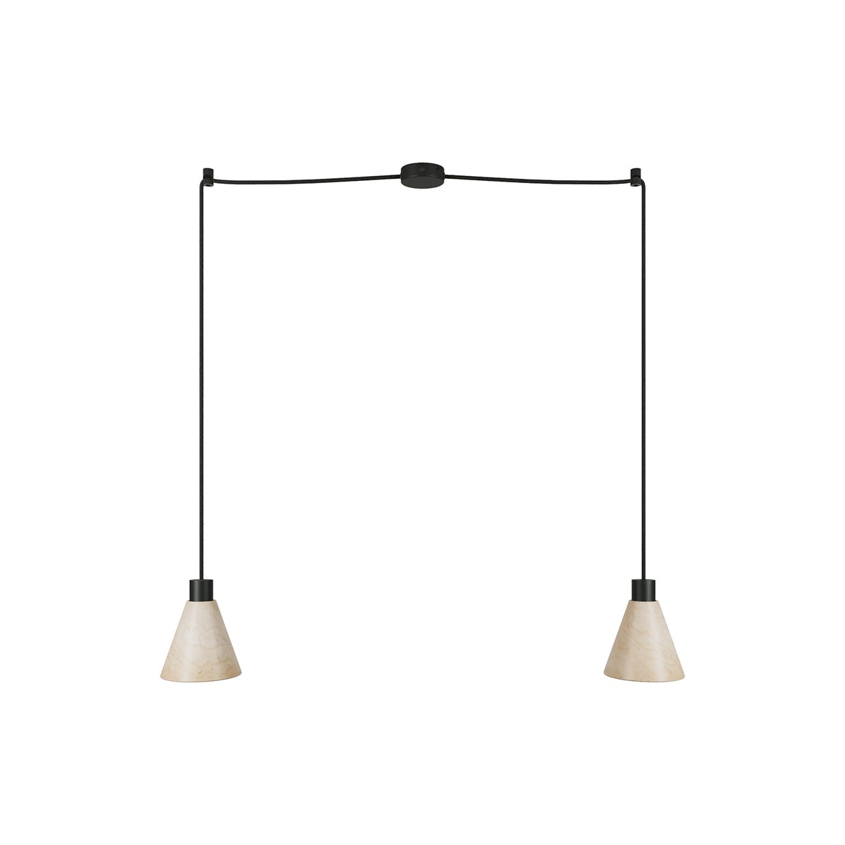 Lampada a sospensione a 2 cadute con paralumi conici in legno - Nero