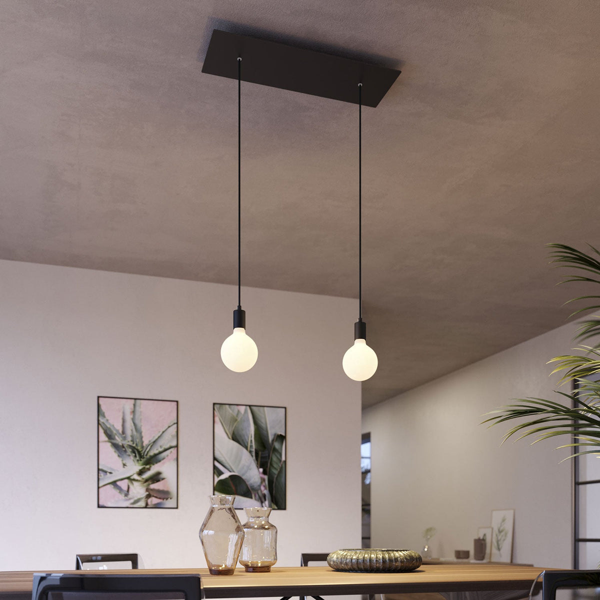 Lampada a sospensione a 2 cadute con XXL Rose-One rettangolare 675 mm con finiture in metallo - Nero opaco