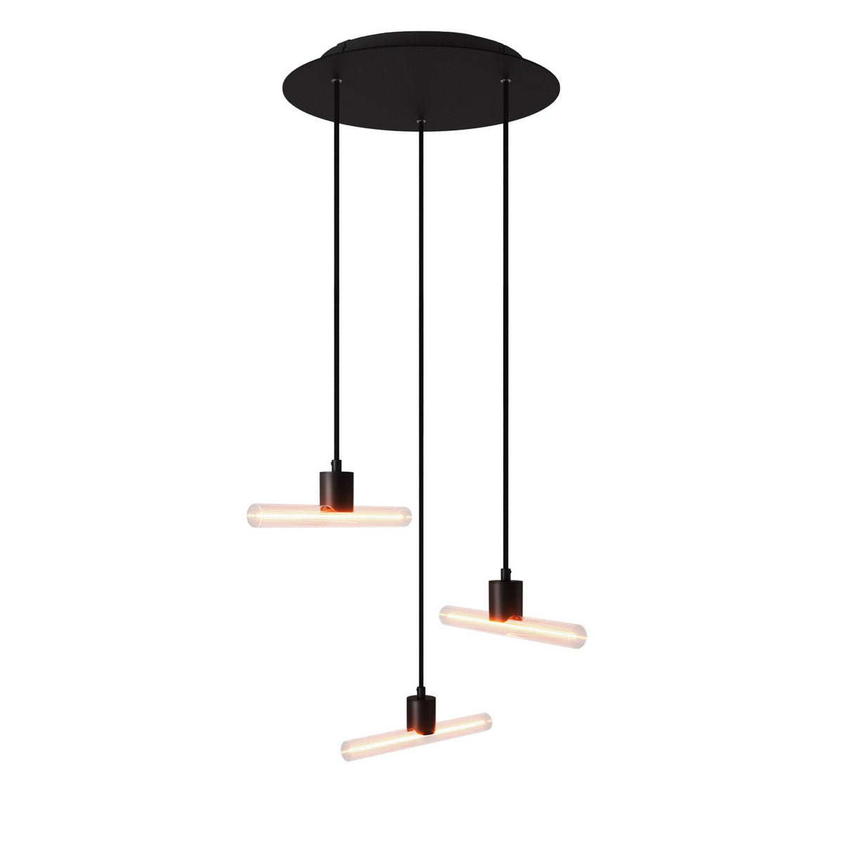 Lampada a sospensione a 3 cadute asimmetriche esse14 con Rose-One completa di cavo tessile e finiture in metallo - Nero