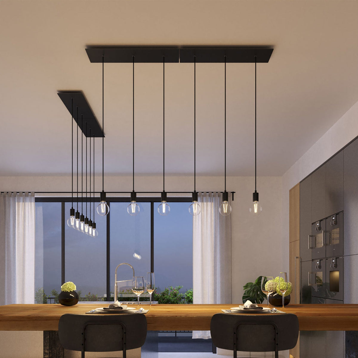 Lampada a sospensione a 3 cadute con XXL Rose-One rettangolare 675 mm con finiture in metallo - Nero opaco