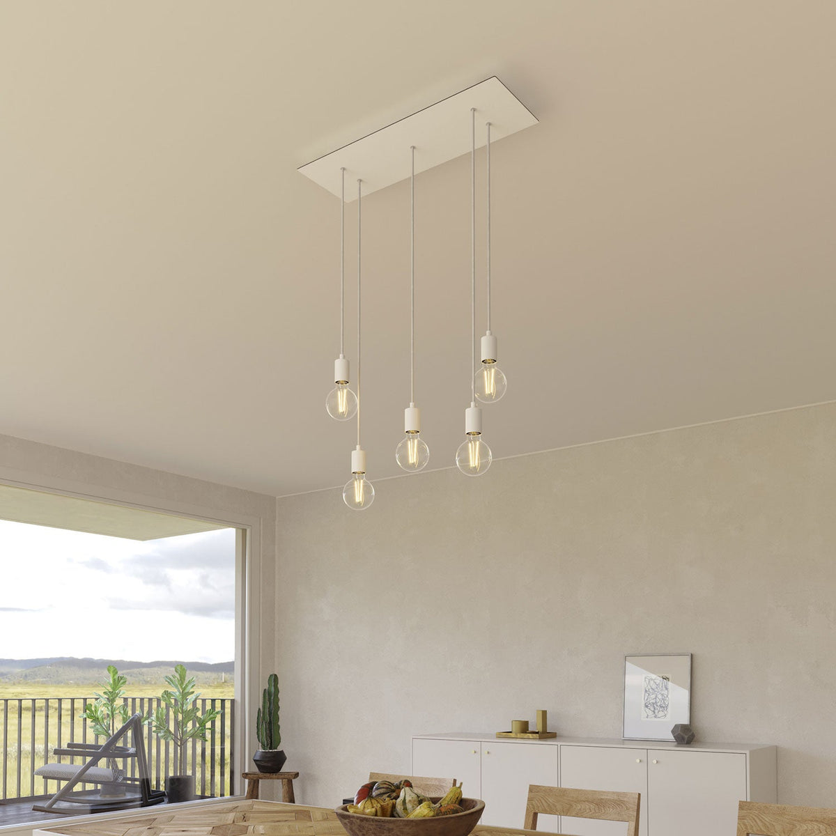 Lampada a sospensione a 5 cadute con XXL Rose-One rettangolare 675 mm con finiture in metallo - Bianco opaco