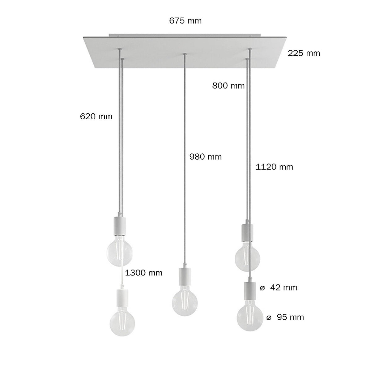 Lampada a sospensione a 5 cadute con XXL Rose-One rettangolare 675 mm con finiture in metallo - Bianco opaco