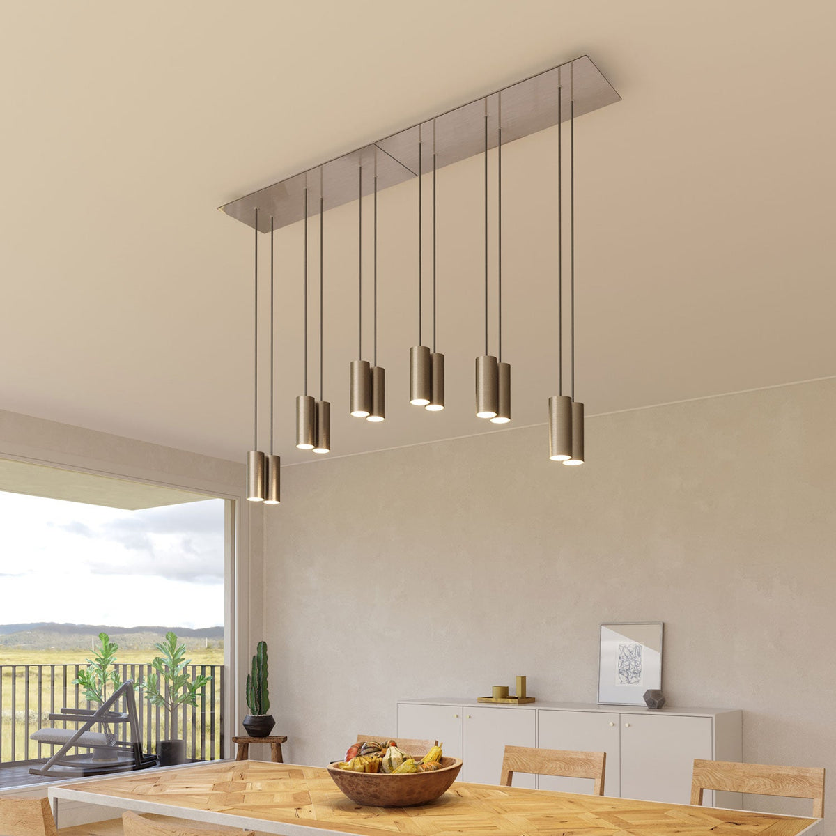 Lampada a sospensione a 6 cadute con XXL Rose-One rettangolare 675 mm con paralume in metallo Tub-E14 - Acciaio satinato