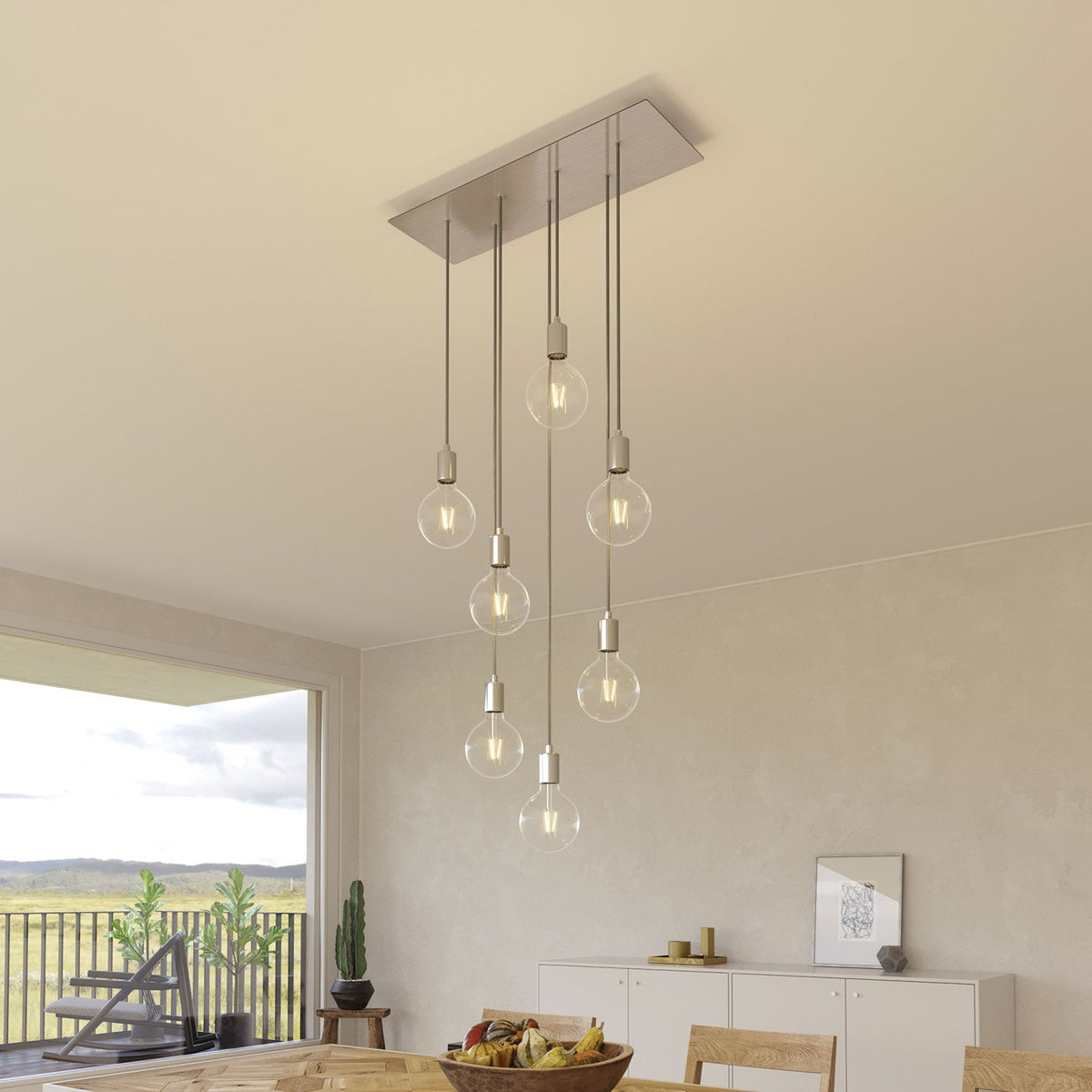 Lampada a sospensione a 7 cadute con XXL Rose-One rettangolare 675 mm con finiture in metallo - Acciaio satinato