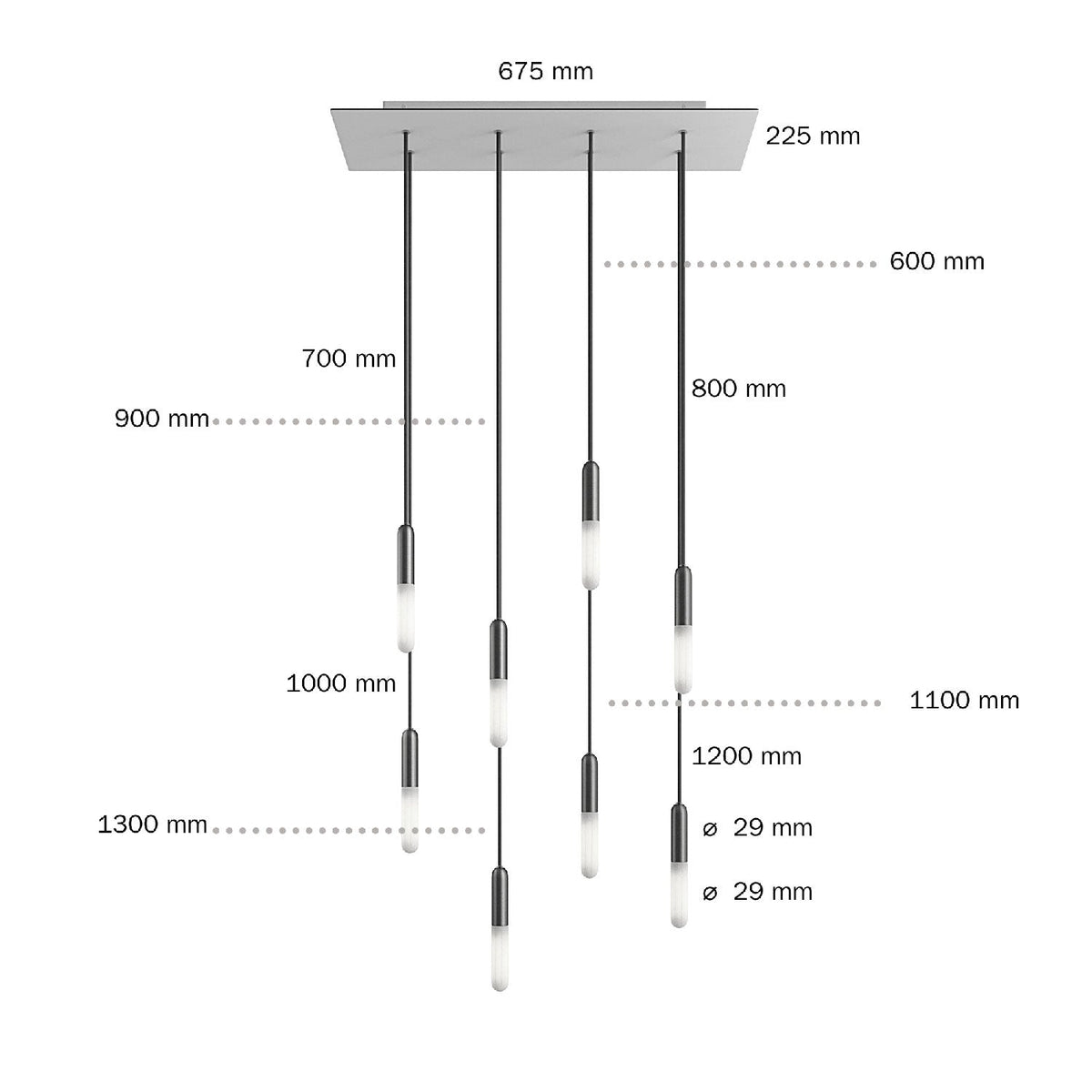 Lampada a sospensione a 8 cadute con XXL Rose-One rettangolare 675 mm con finiture in metallo - Nero opaco