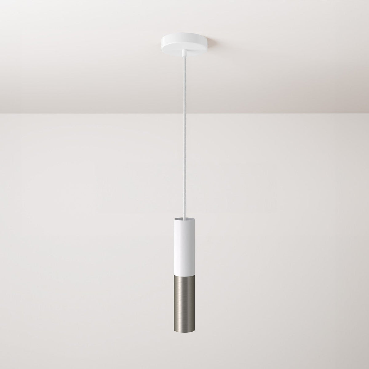 Lampada a sospensione completa di cavo tessile e doppio paralume Tub-E14 - Bianco opaco e Titanio satinato