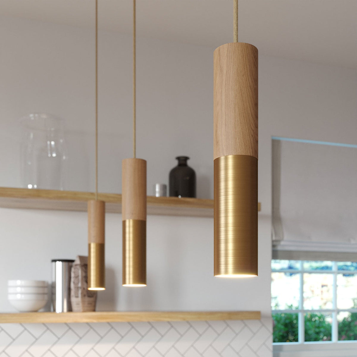 Lampada a sospensione completa di cavo tessile e doppio paralume Tub-E14 in legno e metallo - Bronzo satinato