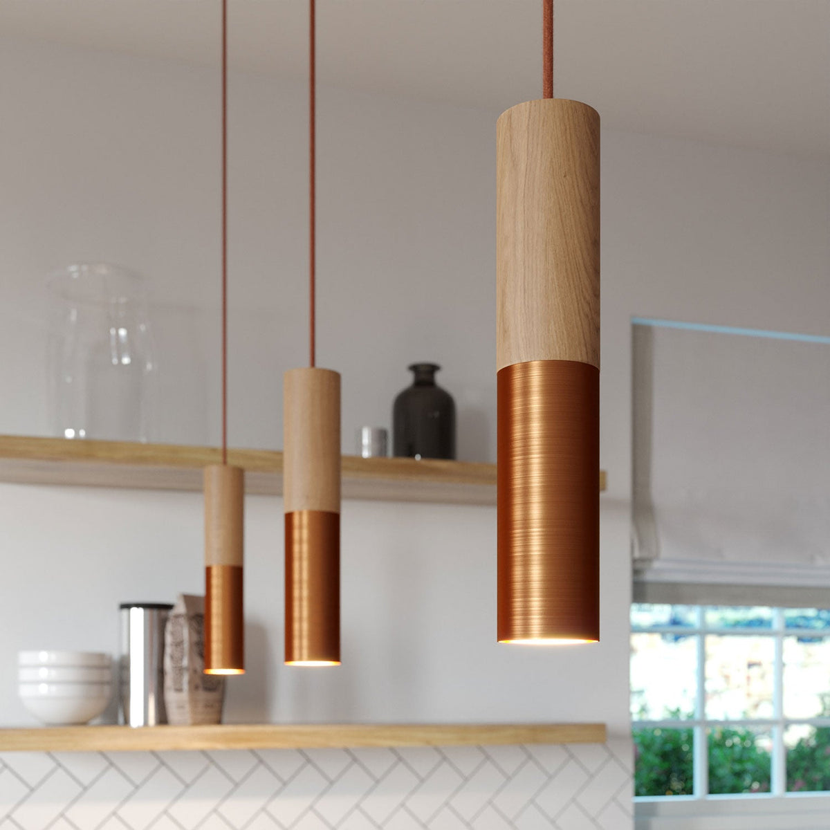 Lampada a sospensione completa di cavo tessile e doppio paralume Tub-E14 in legno e metallo - Rame satinato