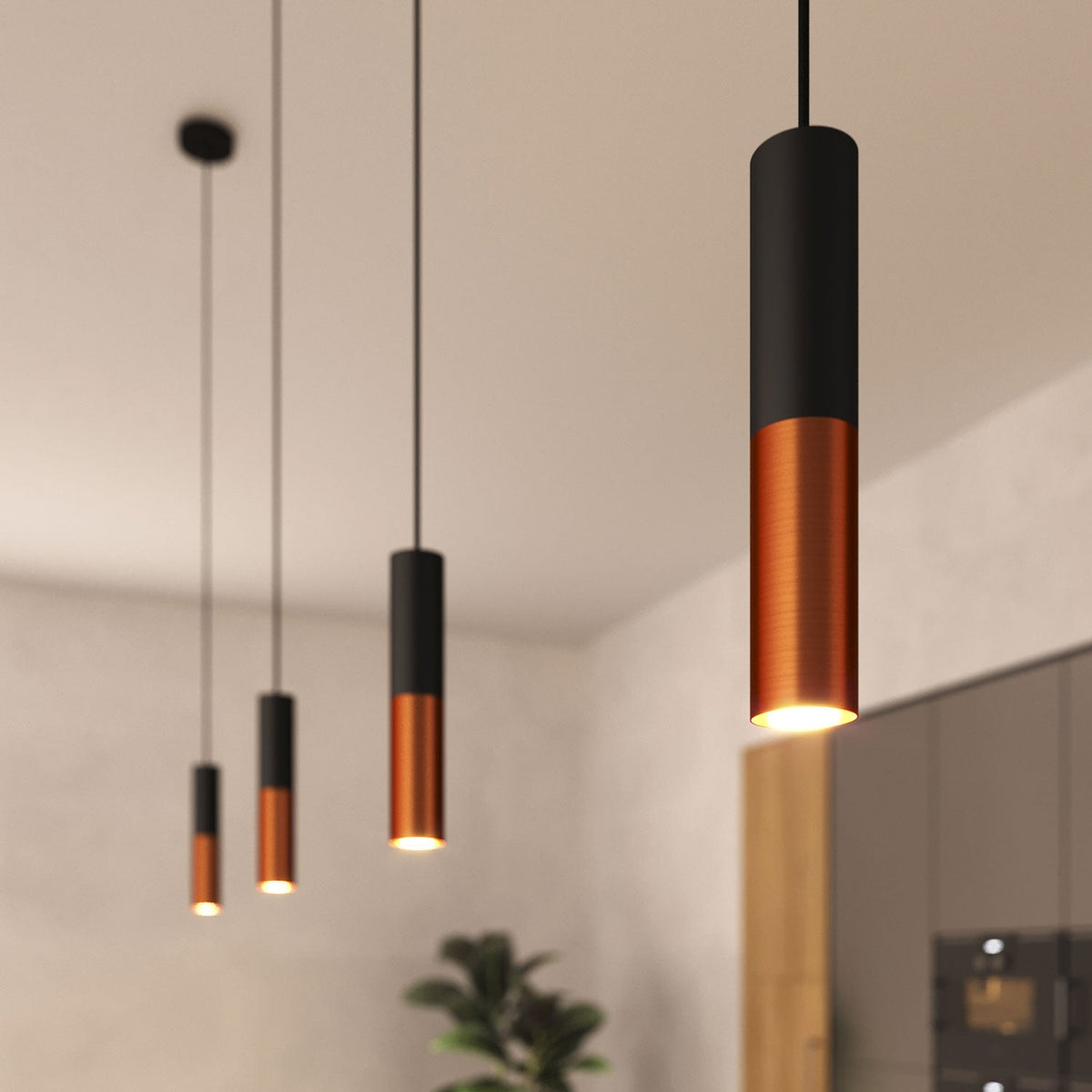 Lampada a sospensione completa di cavo tessile e doppio paralume Tub-E14 - Nero e Rame satinato