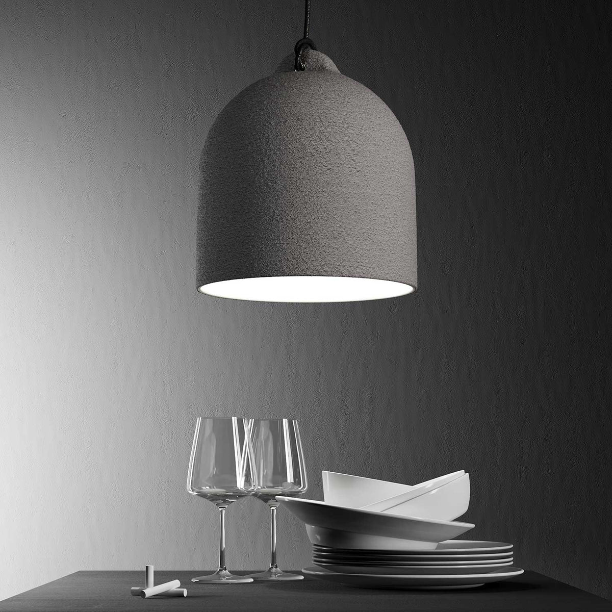 Lampada a sospensione completa di cavo tessile e paralume Campana M in ceramica - Effetto cemento