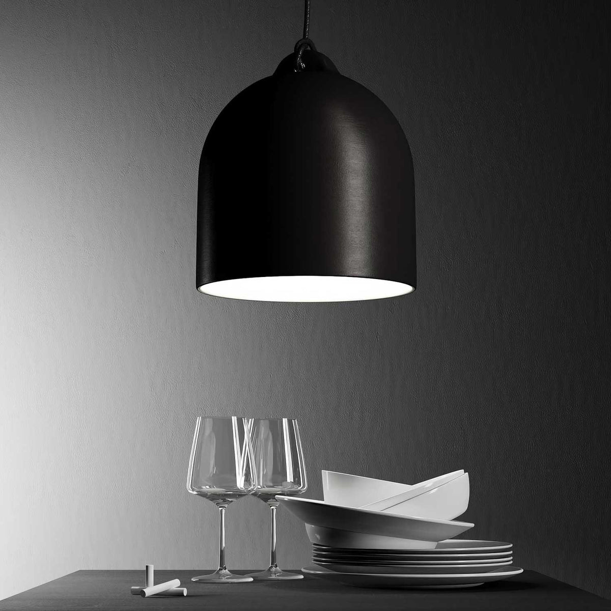 Lampada a sospensione completa di cavo tessile e paralume Campana M in ceramica - Lavagna