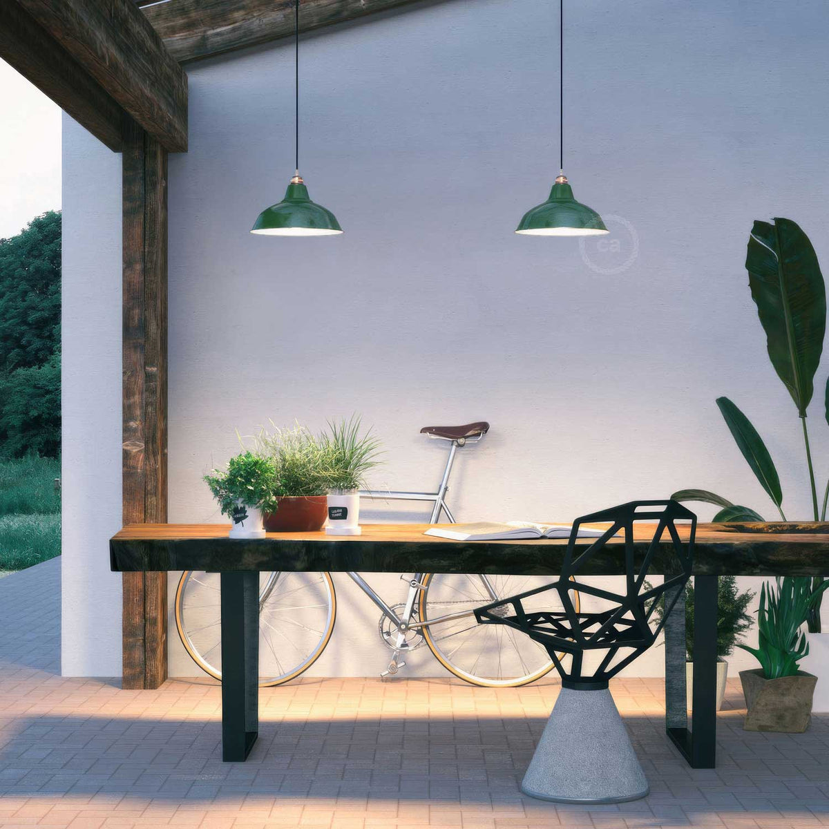 Lampada a sospensione completa di cavo tessile, paralume Bistrot e finiture in metallo - Verde