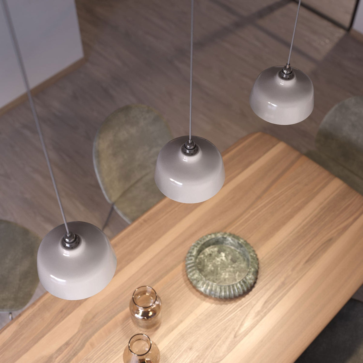 Lampada a sospensione completa di cavo tessile, paralume Coppa in ceramica e finiture in metallo - Bianco lucido