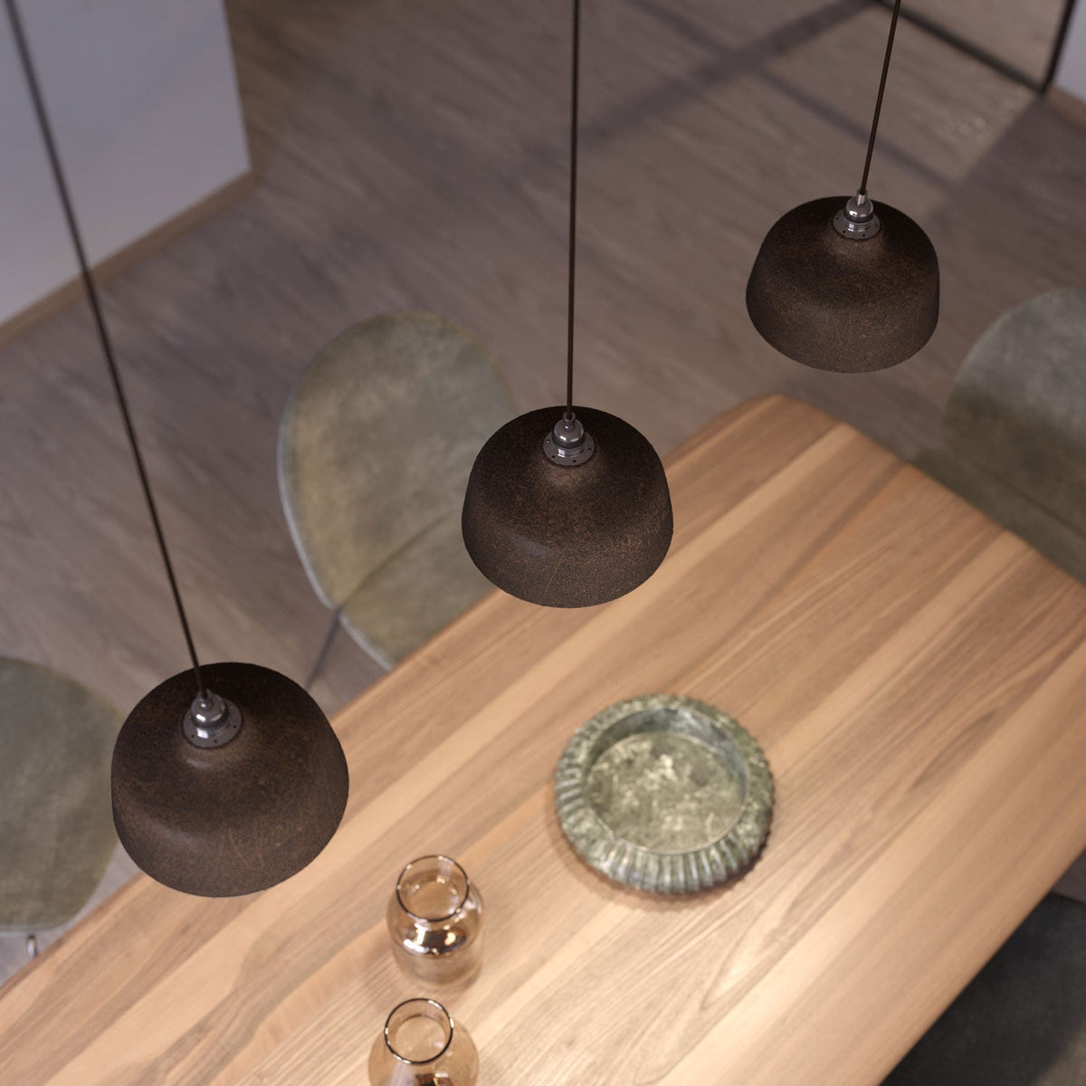 Lampada a sospensione completa di cavo tessile, paralume Coppa in ceramica e finiture in metallo - Effetto corten