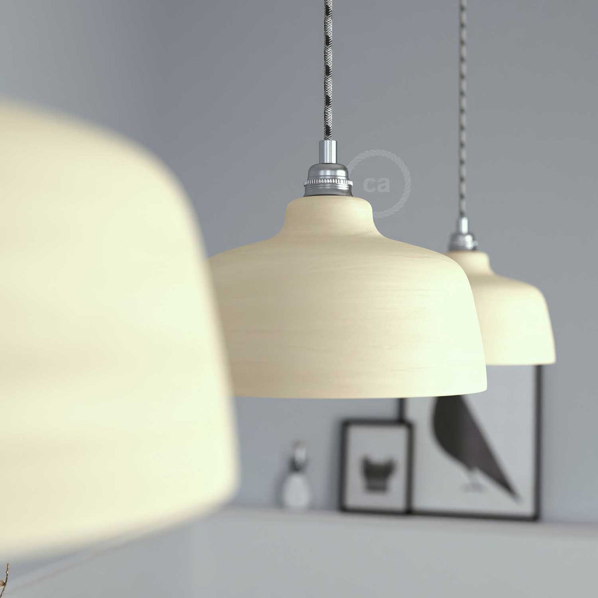 Lampada a sospensione completa di cavo tessile, paralume Coppa in ceramica e finiture in metallo - Tortora striato