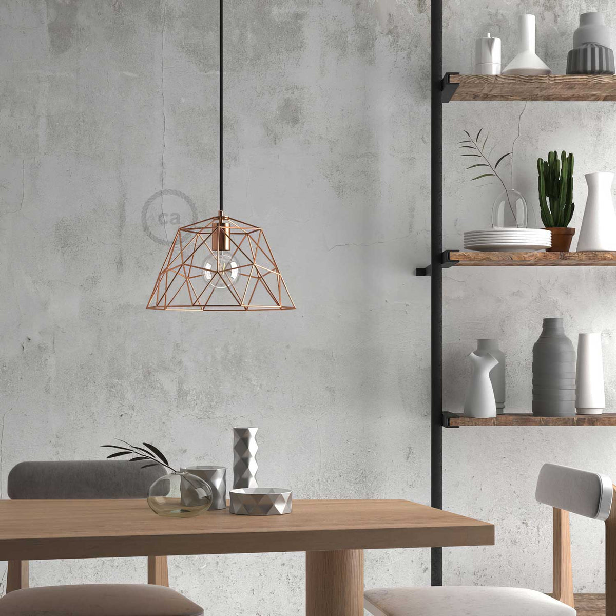 Lampada a sospensione completa di cavo tessile, paralume Dome e finiture in metallo - Rame