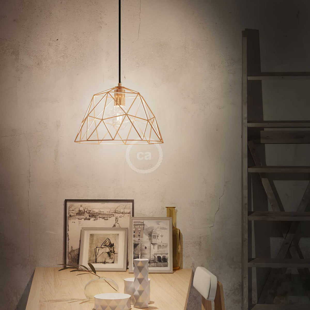 Lampada a sospensione completa di cavo tessile, paralume Dome e finiture in metallo - Rame