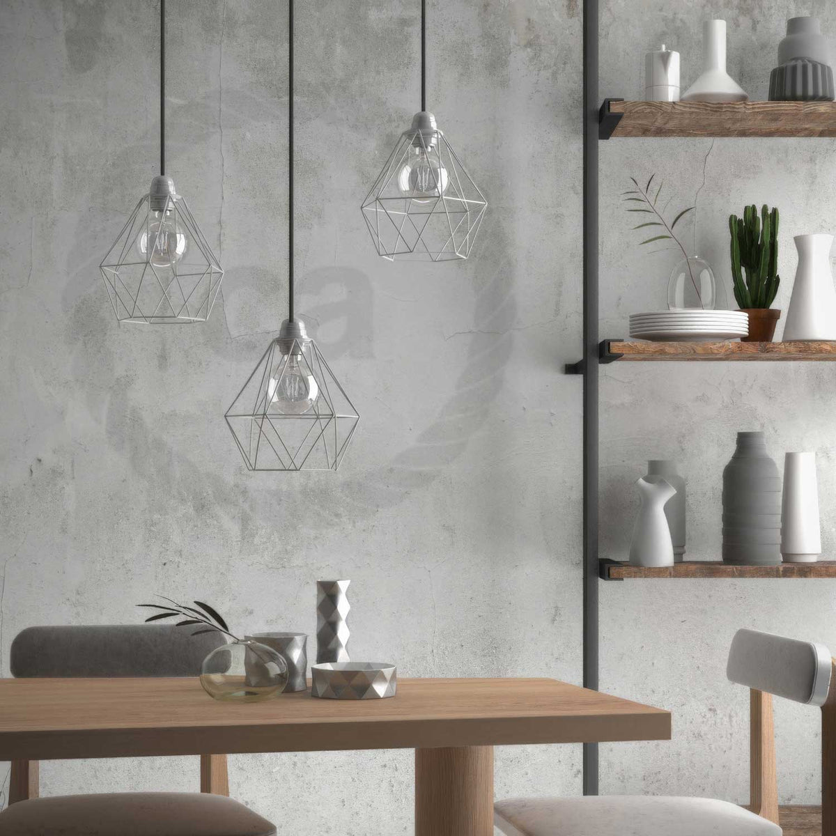 Lampada a sospensione completa di cavo tessile, paralume gabbia Diamond e finiture in metallo - Bianco