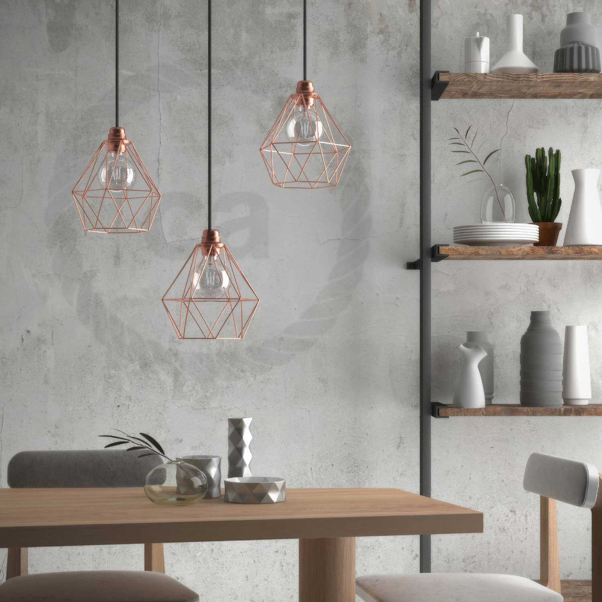 Lampada a sospensione completa di cavo tessile, paralume gabbia Diamond e finiture in metallo - Rame