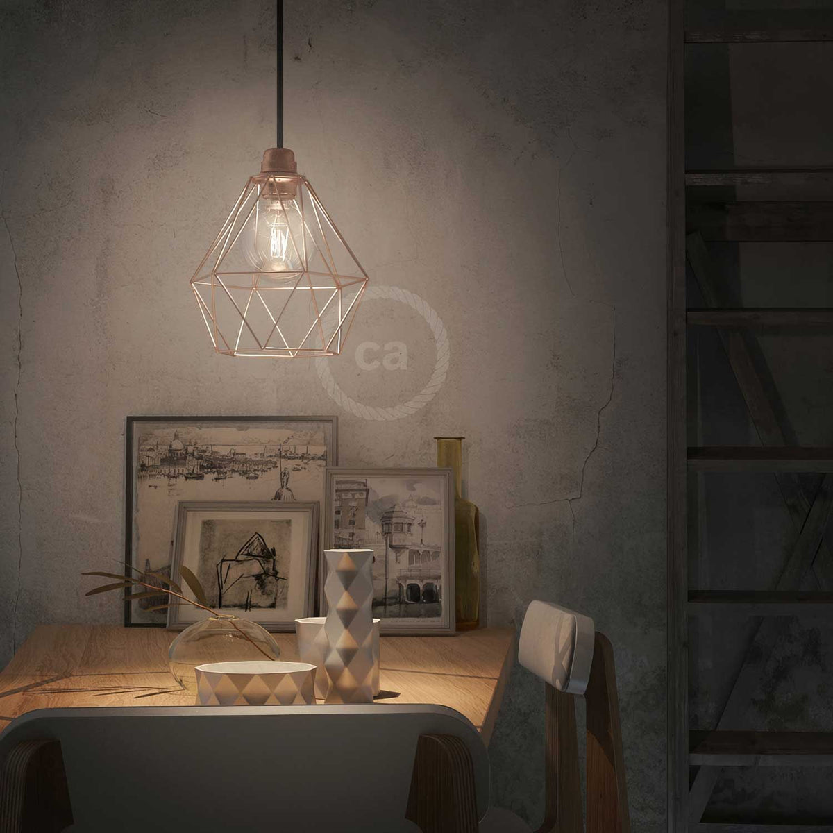 Lampada a sospensione completa di cavo tessile, paralume gabbia Diamond e finiture in metallo - Rame