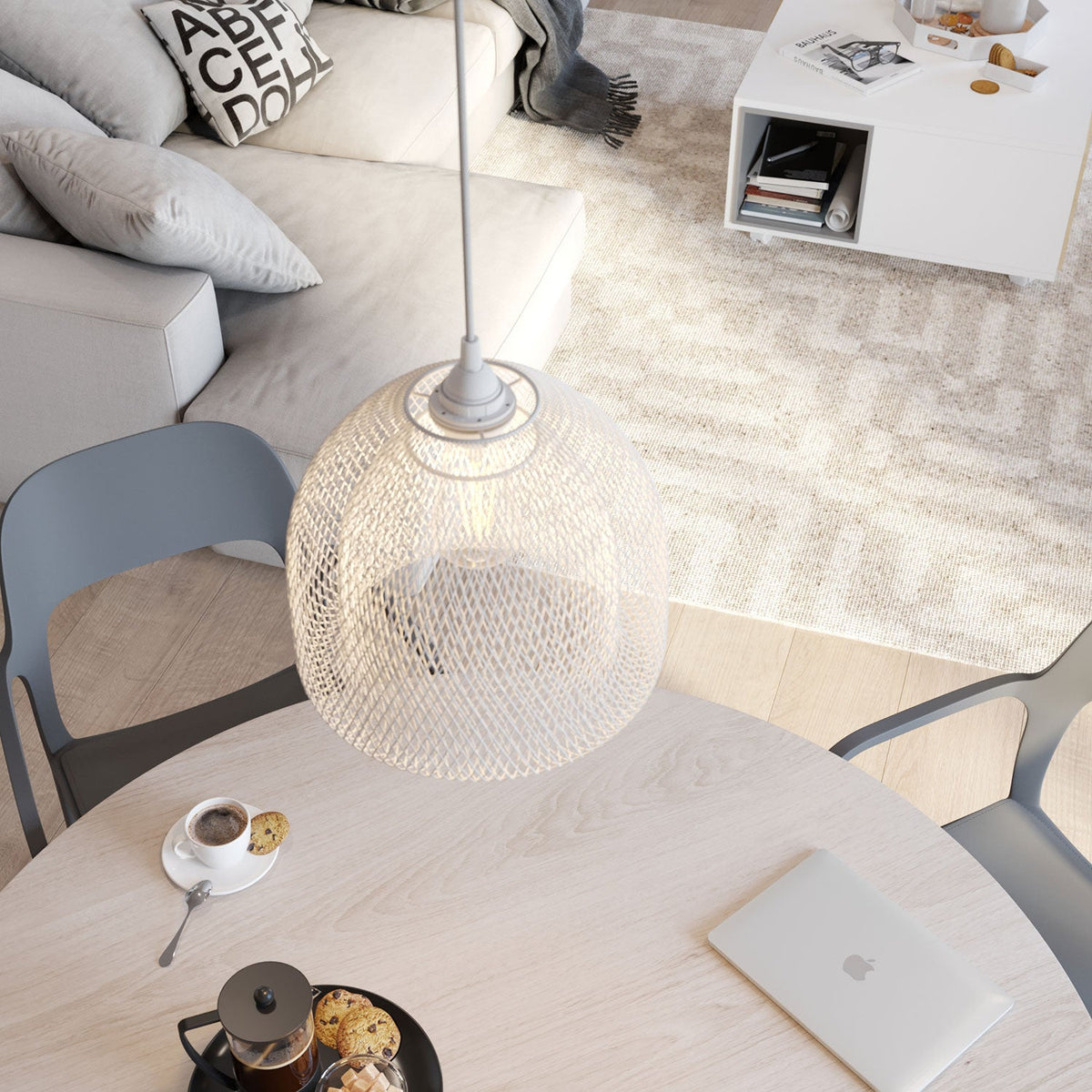 Lampada a sospensione completa di cavo tessile, paralume gabbia Ghostbell XL e finiture in metallo - Bianco