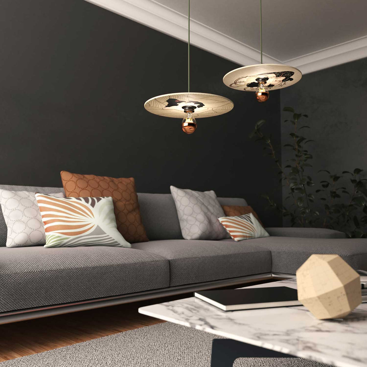 Lampada a sospensione completa di cavo tessile, paralume in legno UFO double-face e finiture in metallo - Carolina Zuniga